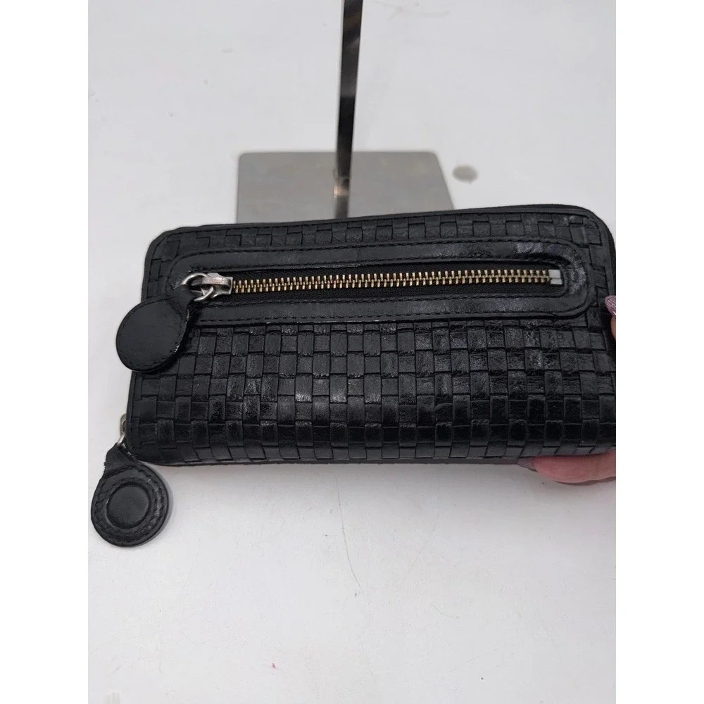 Elliott Lucca Black Woven Leather Zip Around Wallet with Exterior Pocket